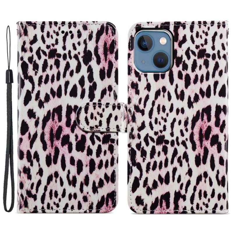 Kožené Puzdro iPhone 15 Plus Efekt Leopardej Kože S Remienkom