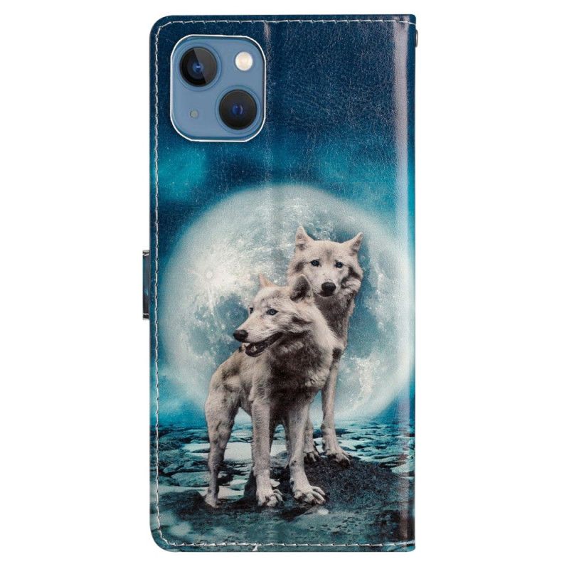 Peňaženkový Kryt iPhone 15 Plus Lanyard Wolves