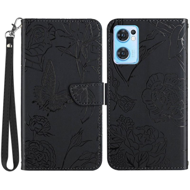 Kožené Puzdro Oppo Find X5 Lite Popruh Butterflies Print