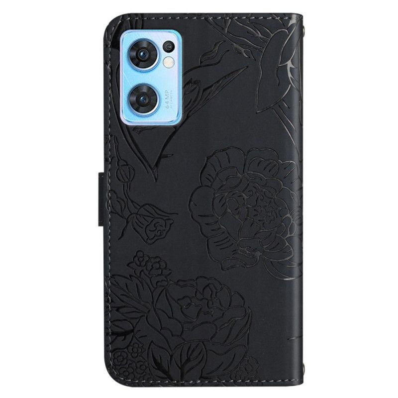 Kožené Puzdro Oppo Find X5 Lite Popruh Butterflies Print