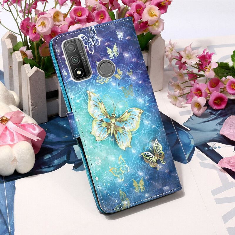 Flipové Puzdro Huawei P Smart 2020 Zlaté Motýle S Remienkom