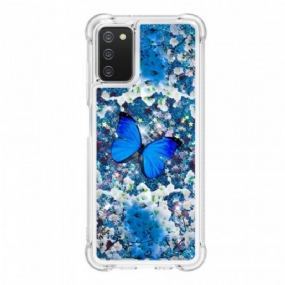 Kryt Samsung Galaxy A03s Glitter Blue Butterflies