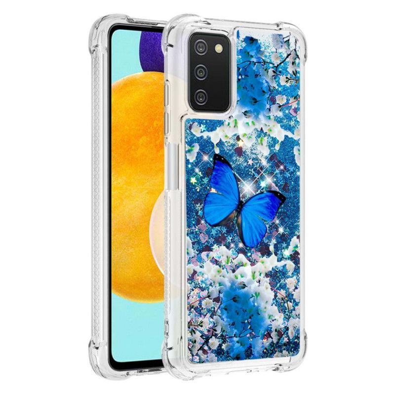 Kryt Samsung Galaxy A03s Glitter Blue Butterflies