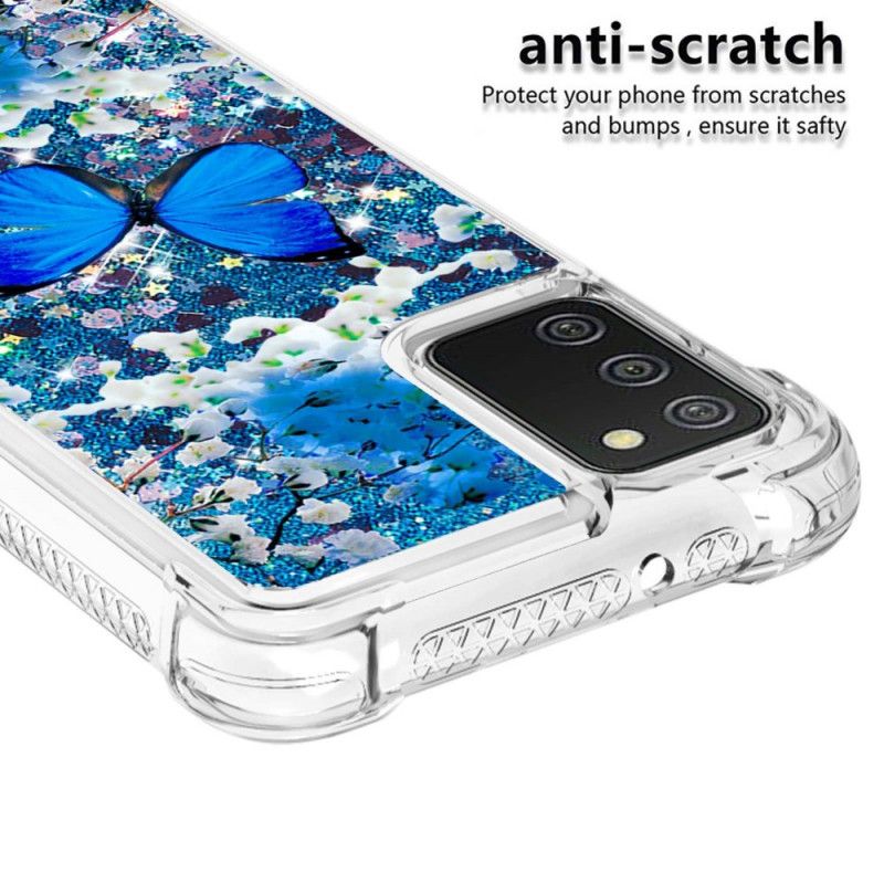 Kryt Samsung Galaxy A03s Glitter Blue Butterflies