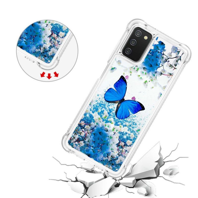 Kryt Samsung Galaxy A03s Glitter Blue Butterflies