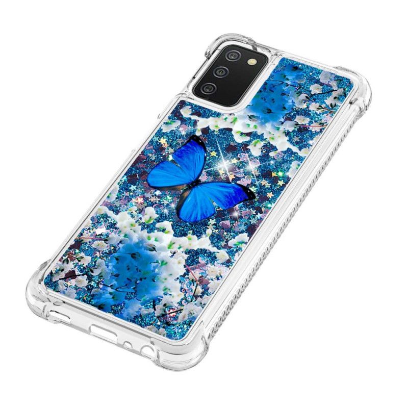 Kryt Samsung Galaxy A03s Glitter Blue Butterflies