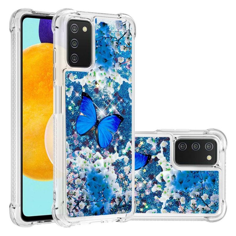 Kryt Samsung Galaxy A03s Glitter Blue Butterflies