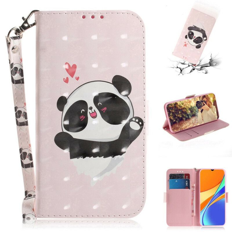 Kožené Puzdro Xiaomi Redmi 9C Panda Love With Lanyard