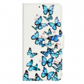 Kožené Puzdro Moto G73 5G Blue Butterflies In Strap Flight