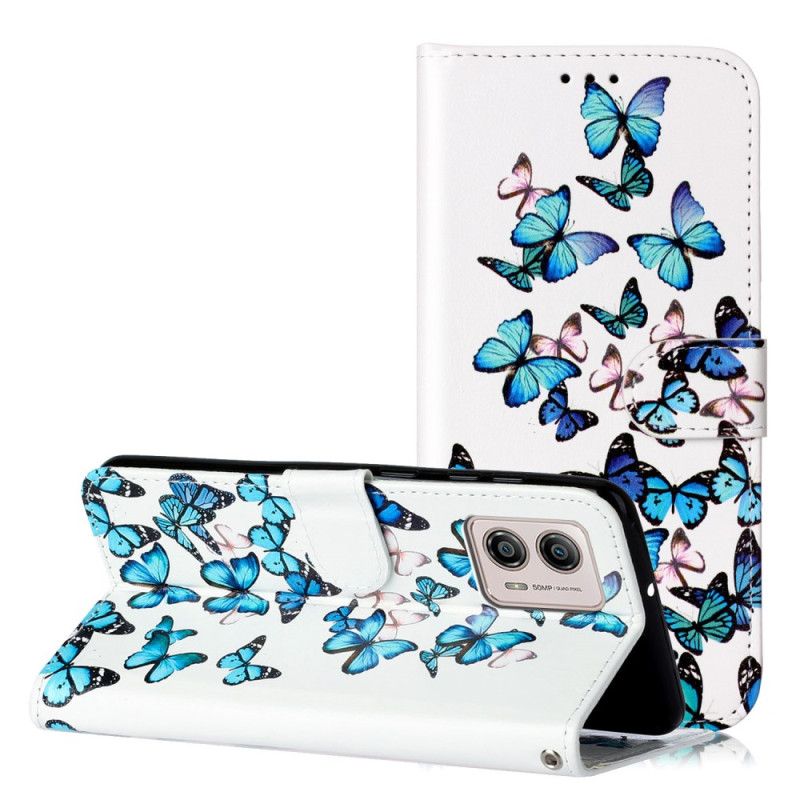 Kožené Puzdro Moto G73 5G Blue Butterflies In Strap Flight