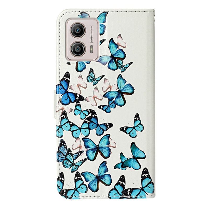 Kožené Puzdro Moto G73 5G Blue Butterflies In Strap Flight