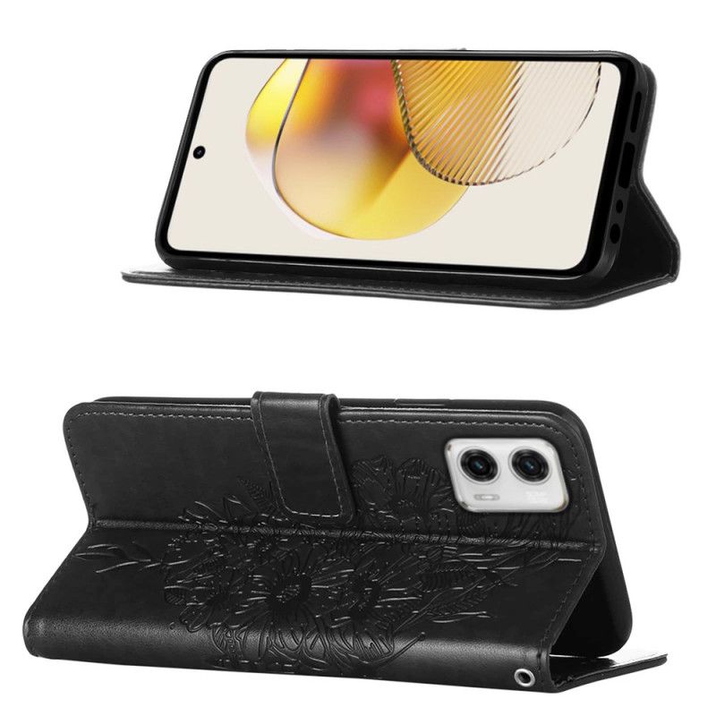 Kožené Puzdro Moto G73 5G Strappy Kvetinový Motýľ