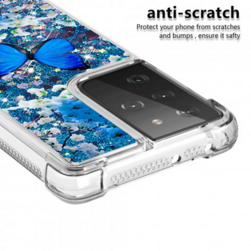 Kryt Samsung Galaxy S21 Ultra 5G Glitter Blue Butterflies