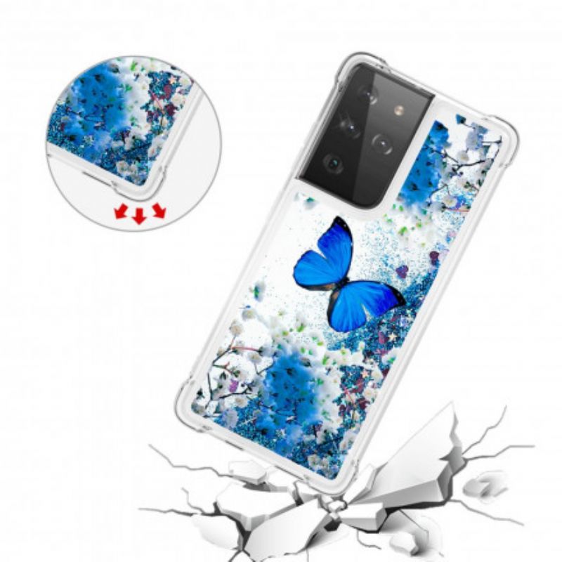 Kryt Samsung Galaxy S21 Ultra 5G Glitter Blue Butterflies