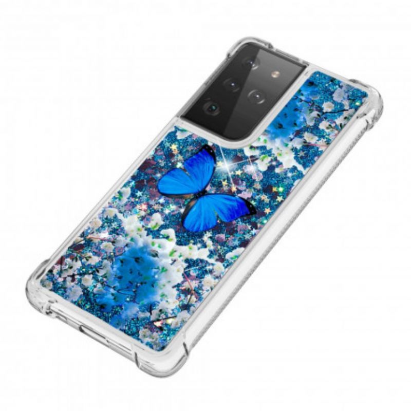 Kryt Samsung Galaxy S21 Ultra 5G Glitter Blue Butterflies