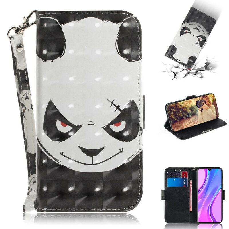 Kožené Puzdro Xiaomi Redmi 9 Angry Panda With Lanyard