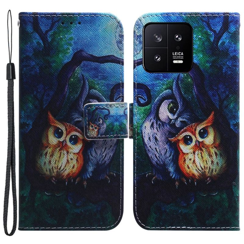 Kožené Puzdro Xiaomi 13 Maľba Strappy Owls