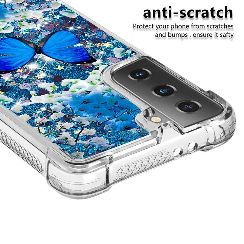 Kryt Samsung Galaxy S21 5G Glitter Blue Butterflies