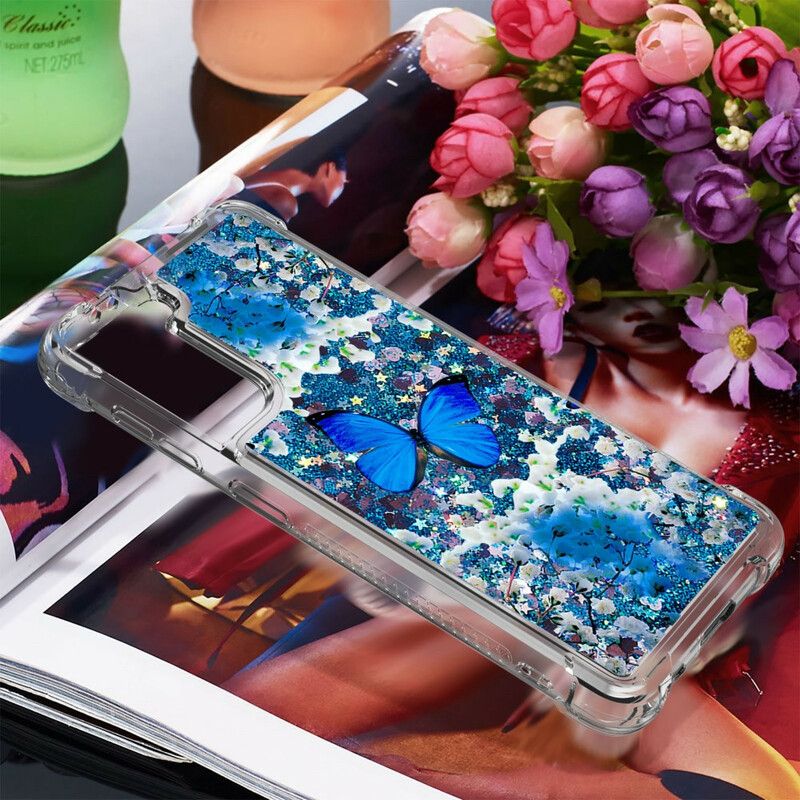 Kryt Samsung Galaxy S21 5G Glitter Blue Butterflies