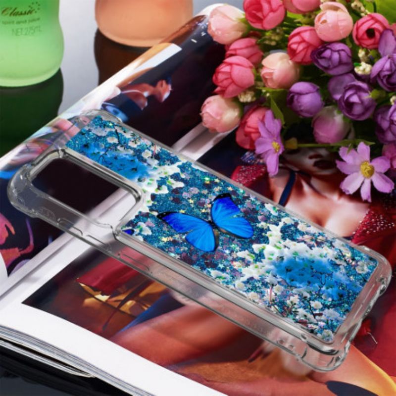 Kryt Samsung Galaxy A52 4G / A52 5G / A52s 5G Glitter Blue Butterflies