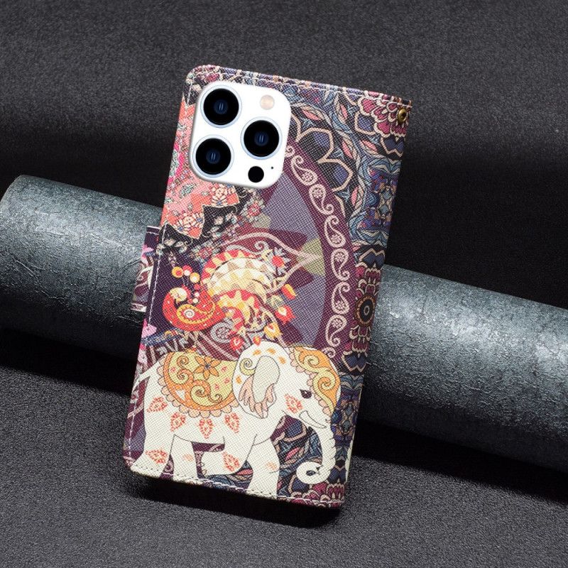 Puzdro Na iPhone 16 Pro Max Peňaženka Tribal Elephant S Popruhom