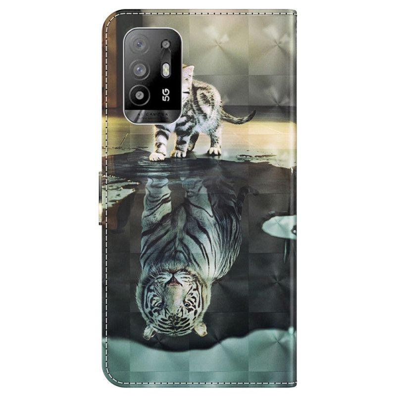 Kožené Puzdro Oppo A94 5G Mačka A Tiger So Šnúrkou