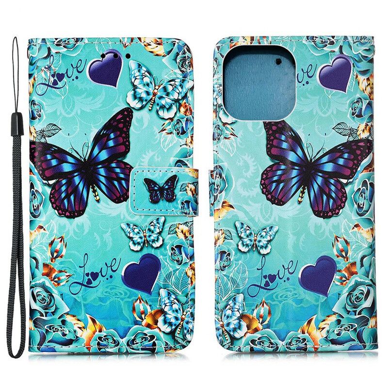 Kožené Puzdro iPhone 13 Mini Love Butterflies Strappy