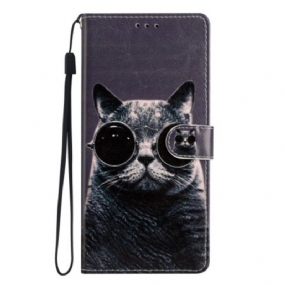 Kožené Puzdro Samsung Galaxy A53 5G Okuliare Cat With Lanyard