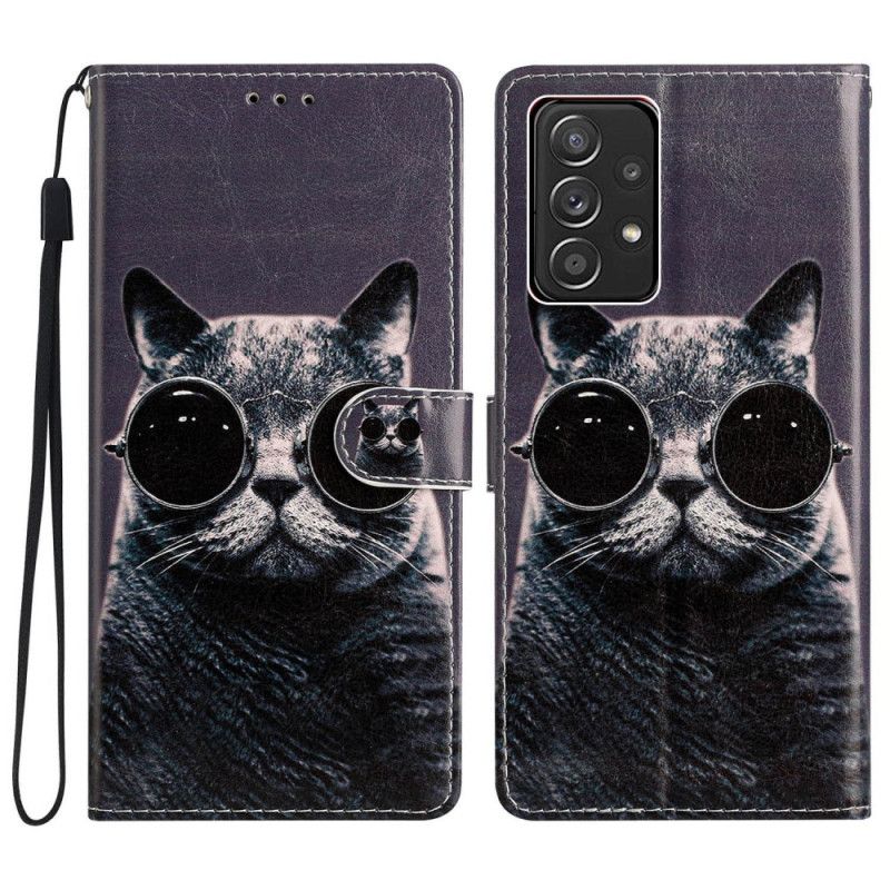 Kožené Puzdro Samsung Galaxy A53 5G Okuliare Cat With Lanyard