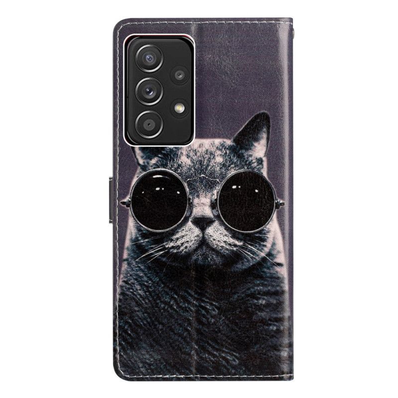 Kožené Puzdro Samsung Galaxy A53 5G Okuliare Cat With Lanyard