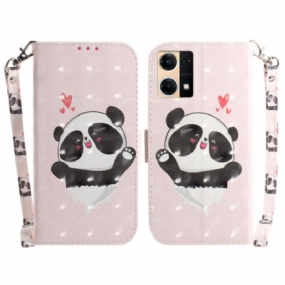 Kožené Puzdro Oppo Reno 7 Panda Love With Lanyard