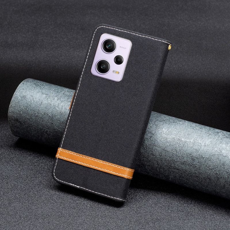 Peňaženkový Kryt Xiaomi Redmi Note 12 Pro Remienok S Látkovým A Koženým Efektom