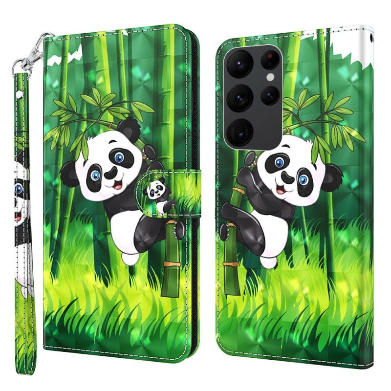 Kožené Puzdro Samsung Galaxy S23 Ultra 5G Bambusová Panda So Šnúrkou