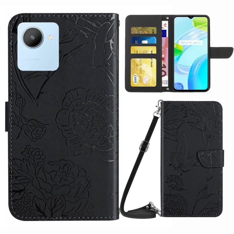 Flipové Puzdro Realme C30 Popruh Na Rameno Butterfly Flowers