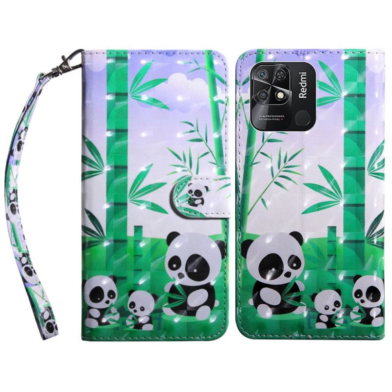 Kožené Puzdro Xiaomi Redmi 10C Lanyard Panda Family