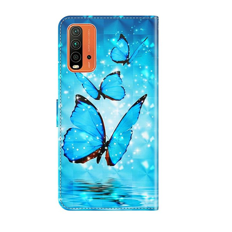 Kožené Puzdro Xiaomi Redmi 9T Lietajúce Modré Motýle