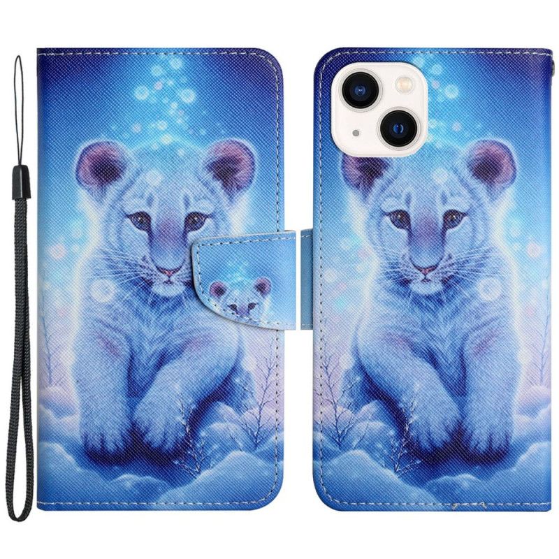 Kožené Puzdro iPhone 15 Mláďa Leoparda S Popruhom