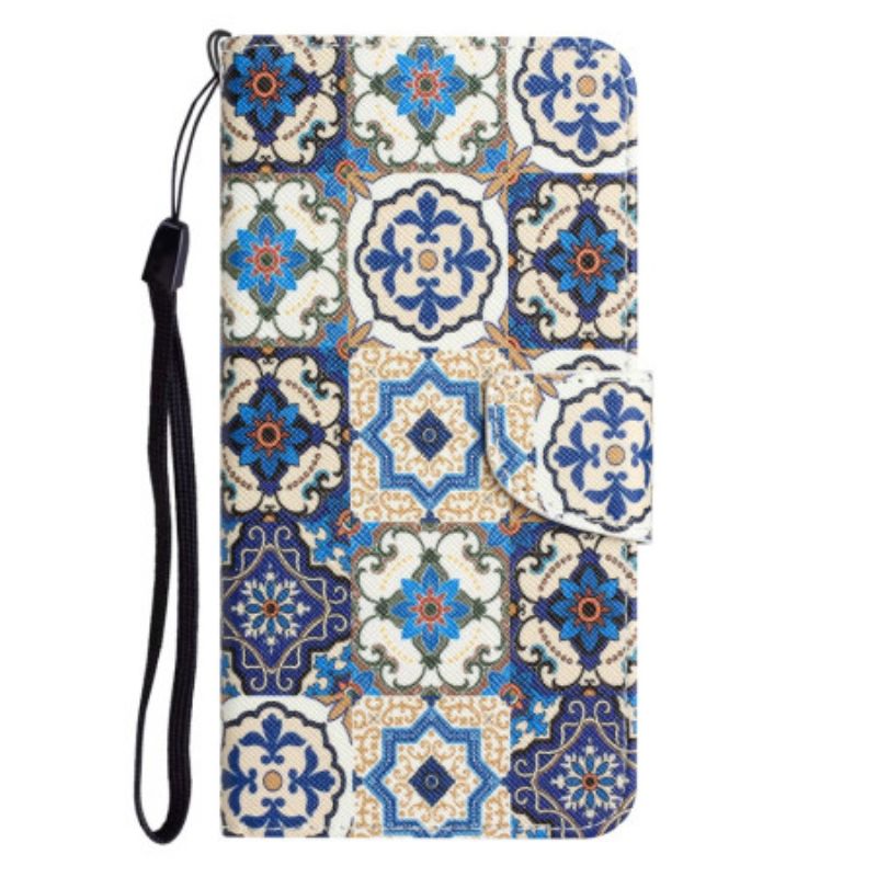 Kožené Puzdro iPhone 15 Modrý Patchwork S Remienkom