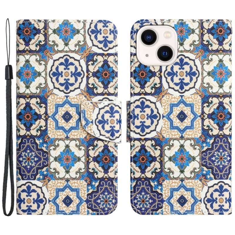 Kožené Puzdro iPhone 15 Modrý Patchwork S Remienkom