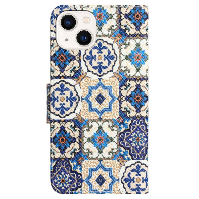 Kožené Puzdro iPhone 15 Modrý Patchwork S Remienkom