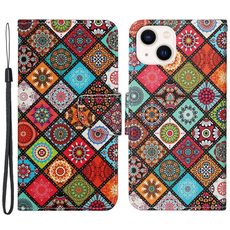 Kožené Puzdro iPhone 15 Pekný Patchwork S Remienkom