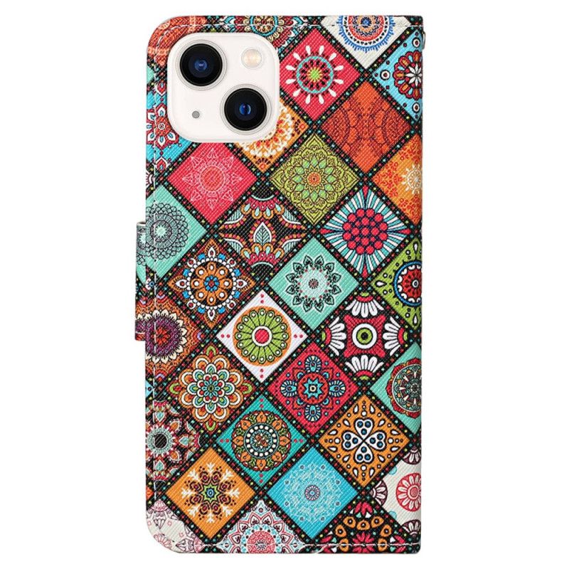 Kožené Puzdro iPhone 15 Pekný Patchwork S Remienkom