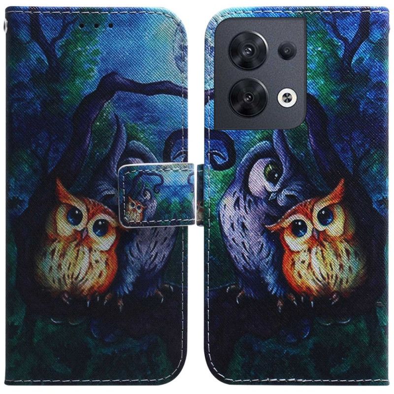 Kožené Puzdro Oppo Reno 8 Maľba Strappy Owls