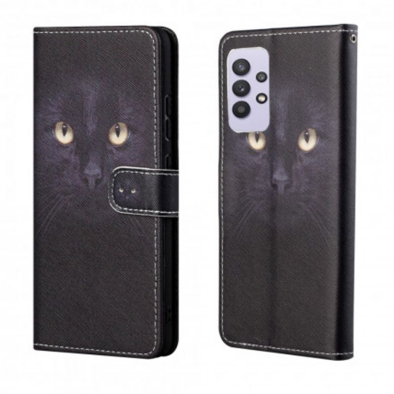 Kožené Puzdro Samsung Galaxy A32 Strappy Black Cat Eyes