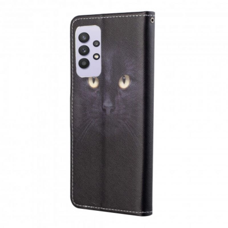 Kožené Puzdro Samsung Galaxy A32 Strappy Black Cat Eyes