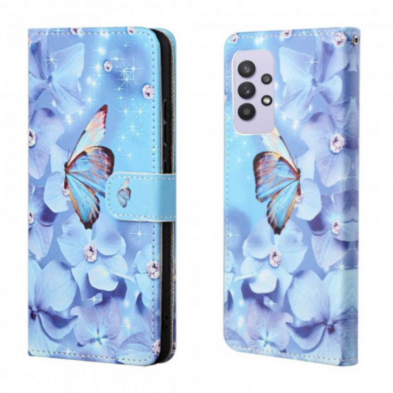 Kožené Puzdro Samsung Galaxy A32 Strappy Diamond Butterflies