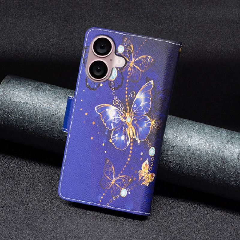 Kožené Puzdro iPhone 16 Kryt Na Mobil Peňaženka Purple Butterflies