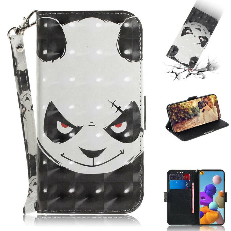 Kožené Puzdro Samsung Galaxy A21s Angry Panda With Lanyard