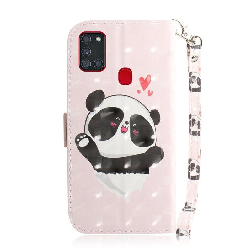 Kožené Puzdro Samsung Galaxy A21s Panda Love With Lanyard