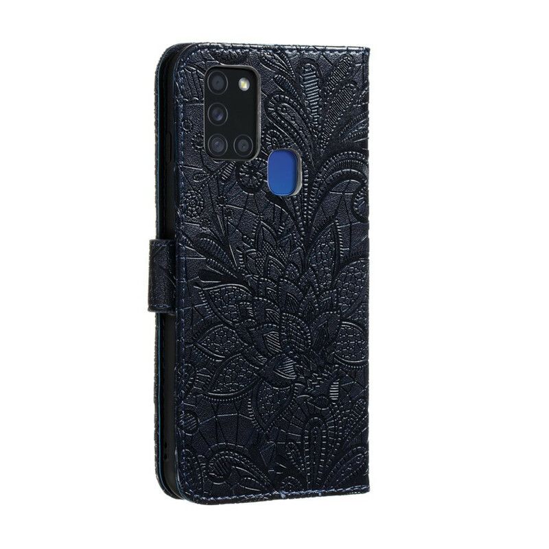 Kožené Puzdro Samsung Galaxy A21s Popruh Tribal Kvety